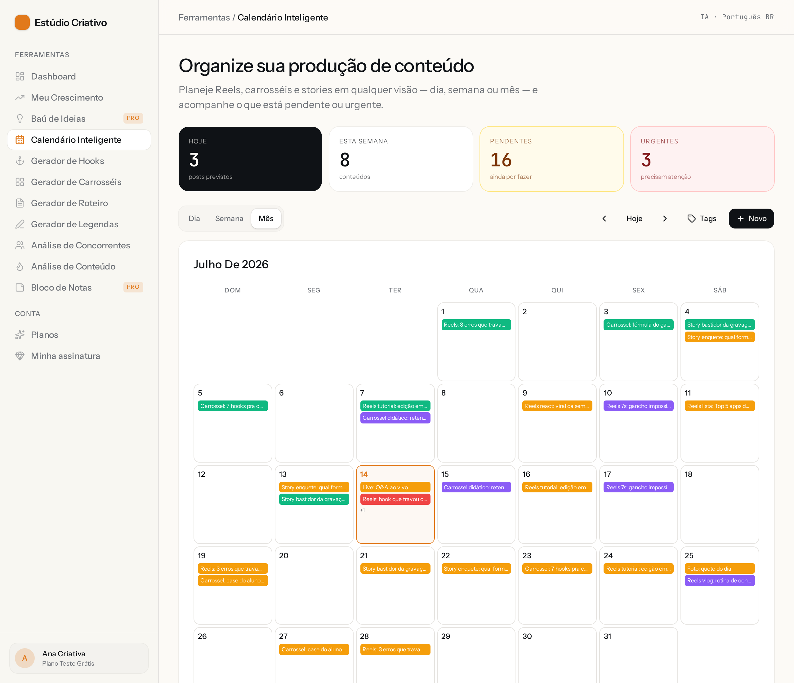 Print da tela: Calendário Inteligente