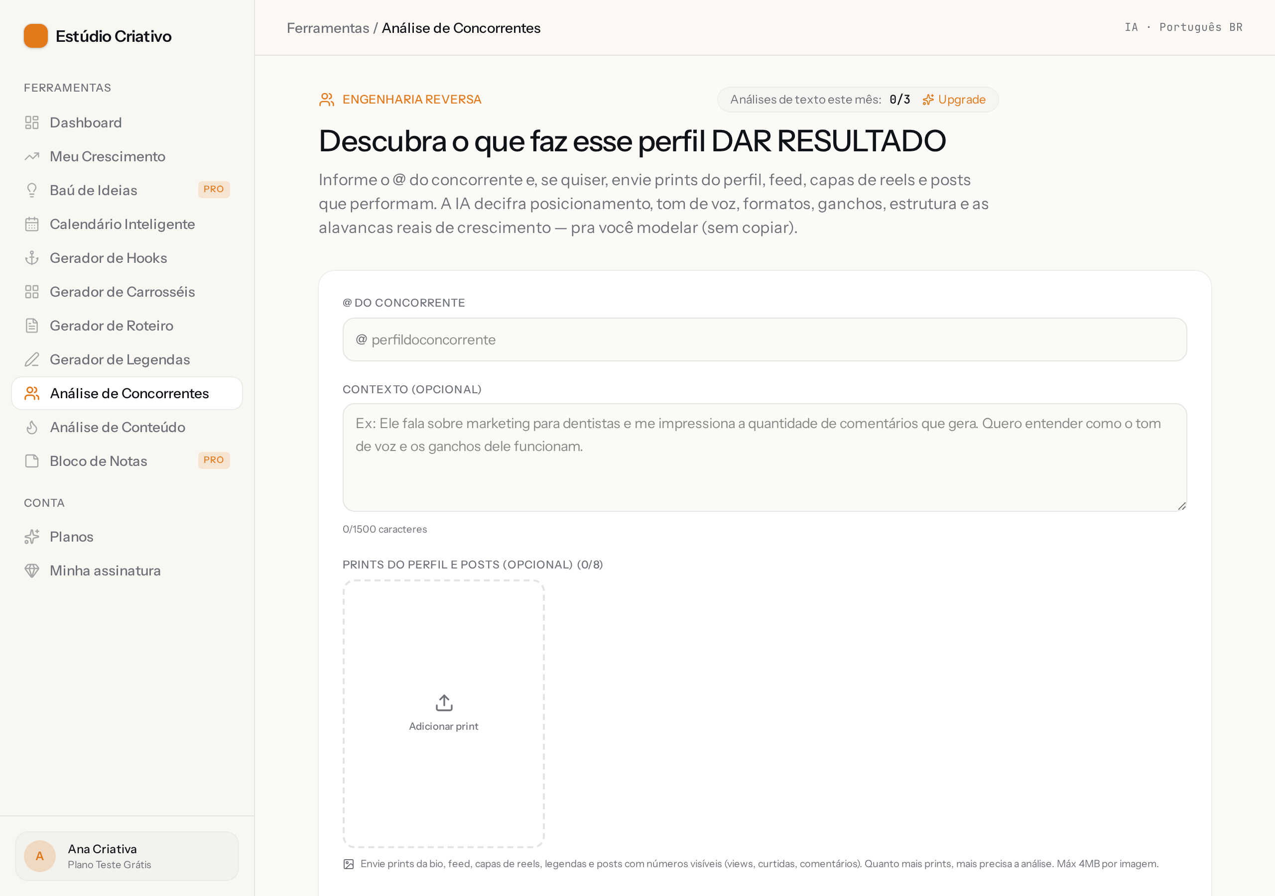 Print da tela: Análise de Concorrentes