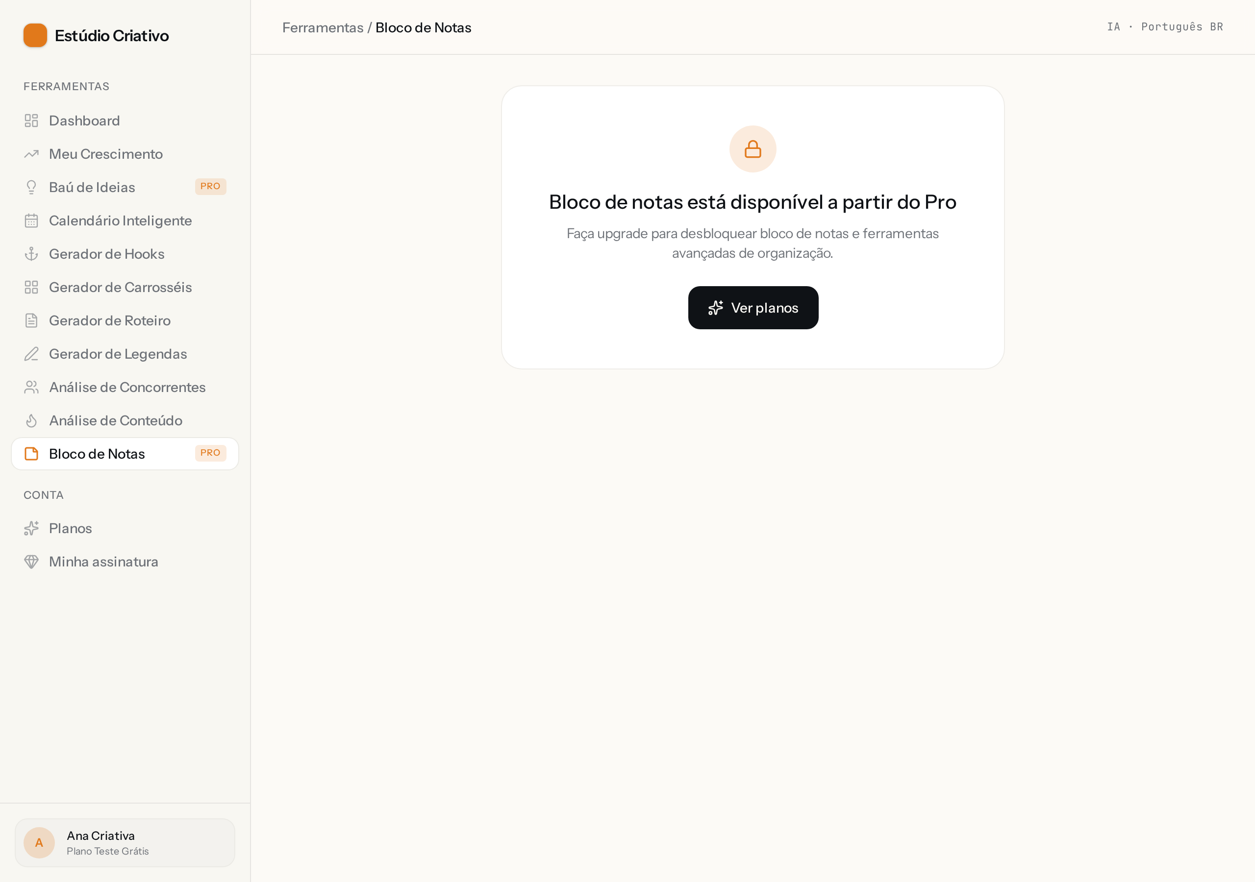 Print da tela: Bloco de Notas + Baú de Ideias