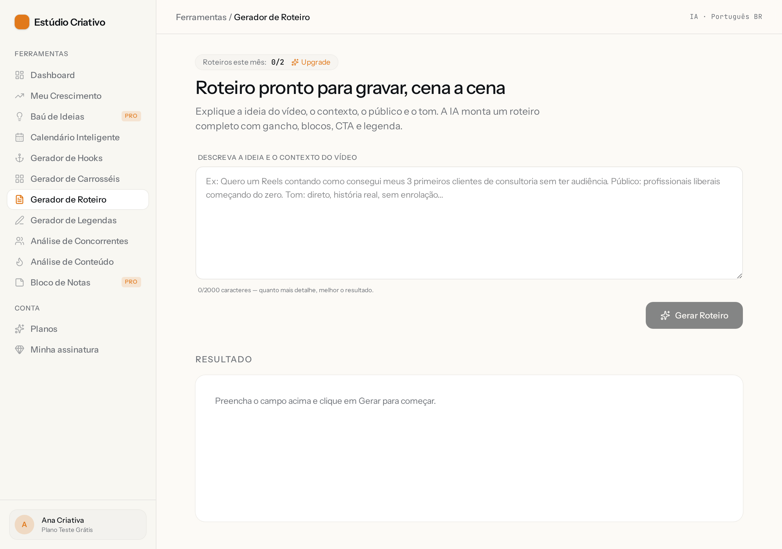 Print da tela: Gerador de Roteiro